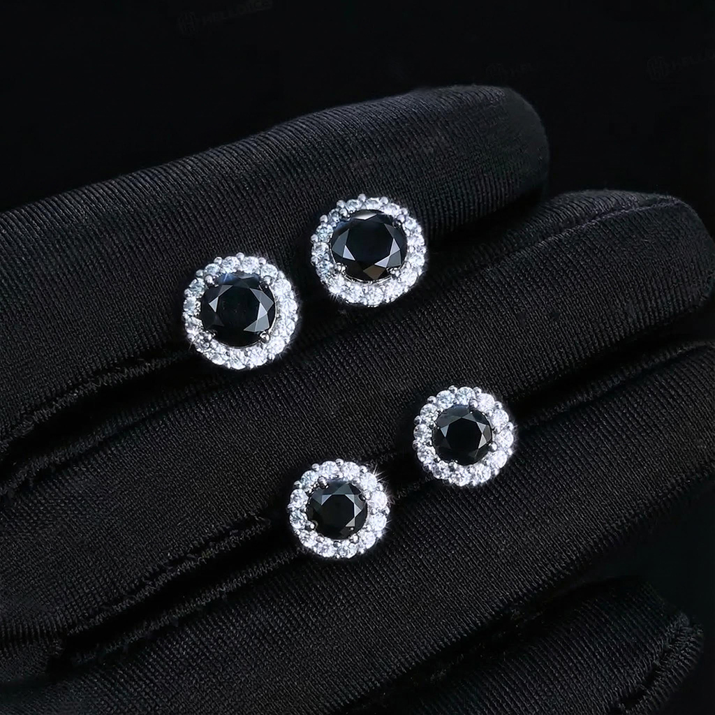 Round Black Halo Moissanite Earrings in S925 Sterling Silver