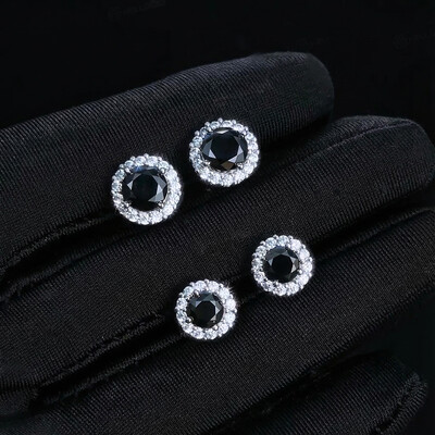 Round Black Halo Moissanite Earrings in S925 Sterling Silver