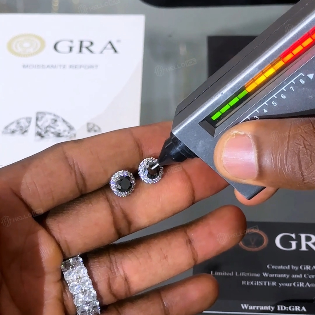 Round Black Halo Moissanite Earrings in S925 Sterling Silver