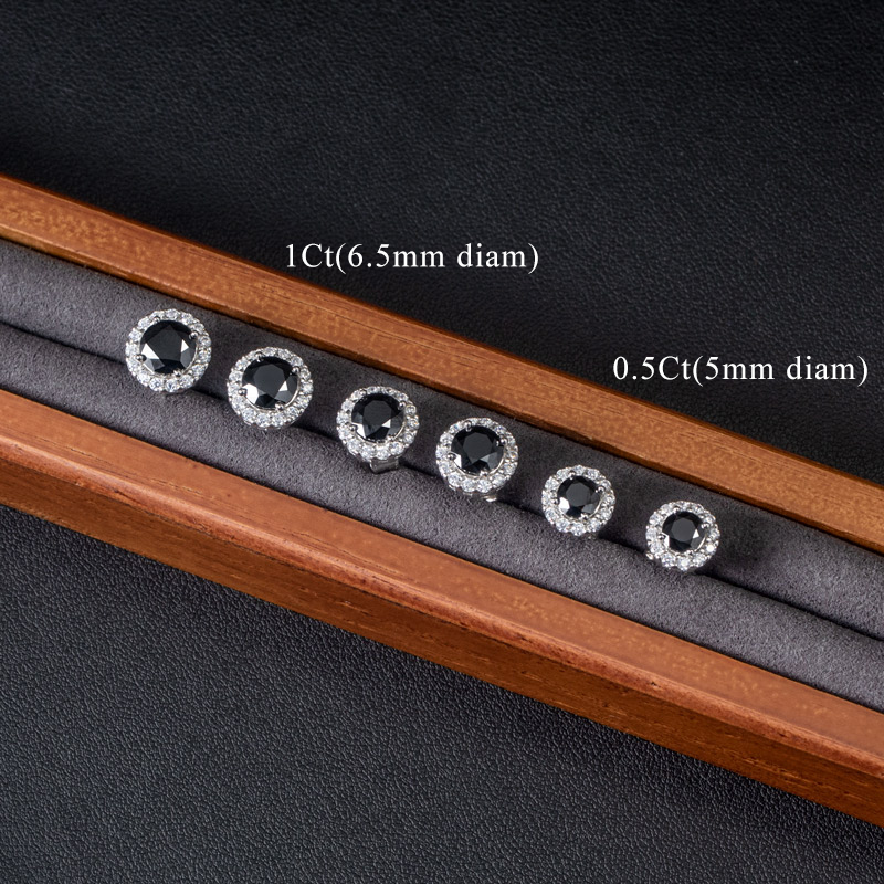 Round Black Halo Moissanite Earrings in S925 Sterling Silver