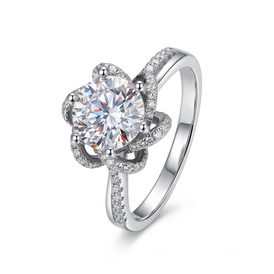 Round Cut Flower Moissanite Ring in S925 Sterling Silver