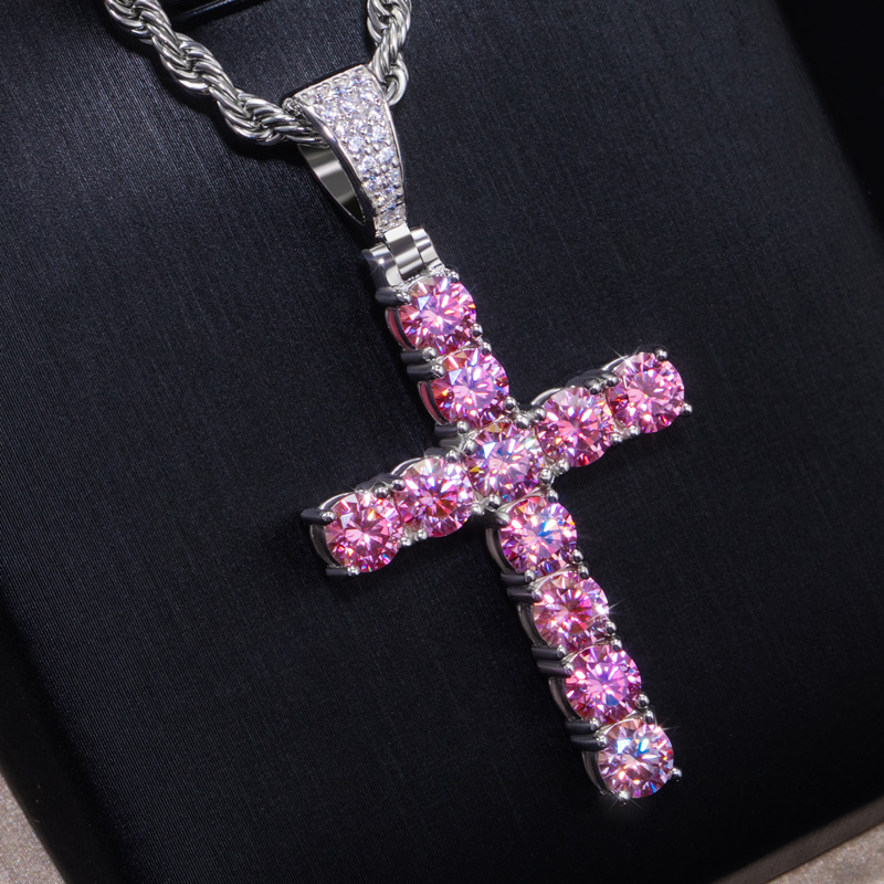 S925 Sterling Silver Moissanite Cross Pendant-Pink/Yellow/Blue