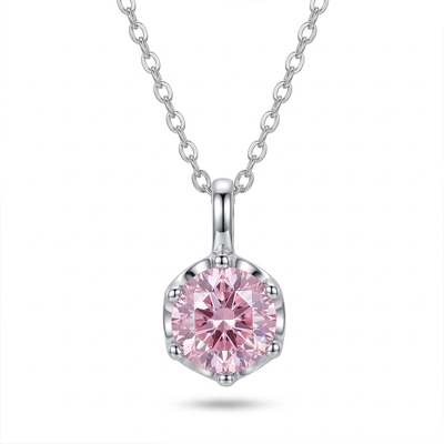 Crown Pink Moissanite Brilliant Round Cut Necklace in S925 Silver