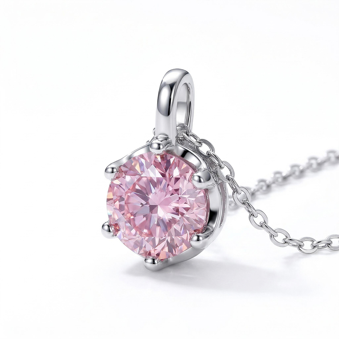 Crown Pink Moissanite Brilliant Round Cut Necklace in S925 Silver
