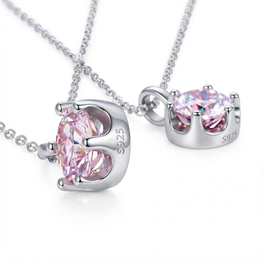 Crown Pink Moissanite Brilliant Round Cut Necklace in S925 Silver