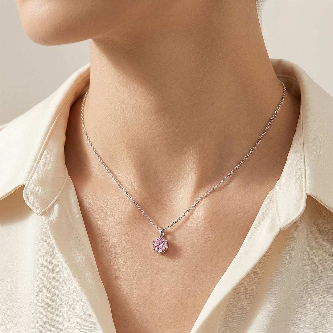 Crown Pink Moissanite Brilliant Round Cut Necklace in S925 Silver