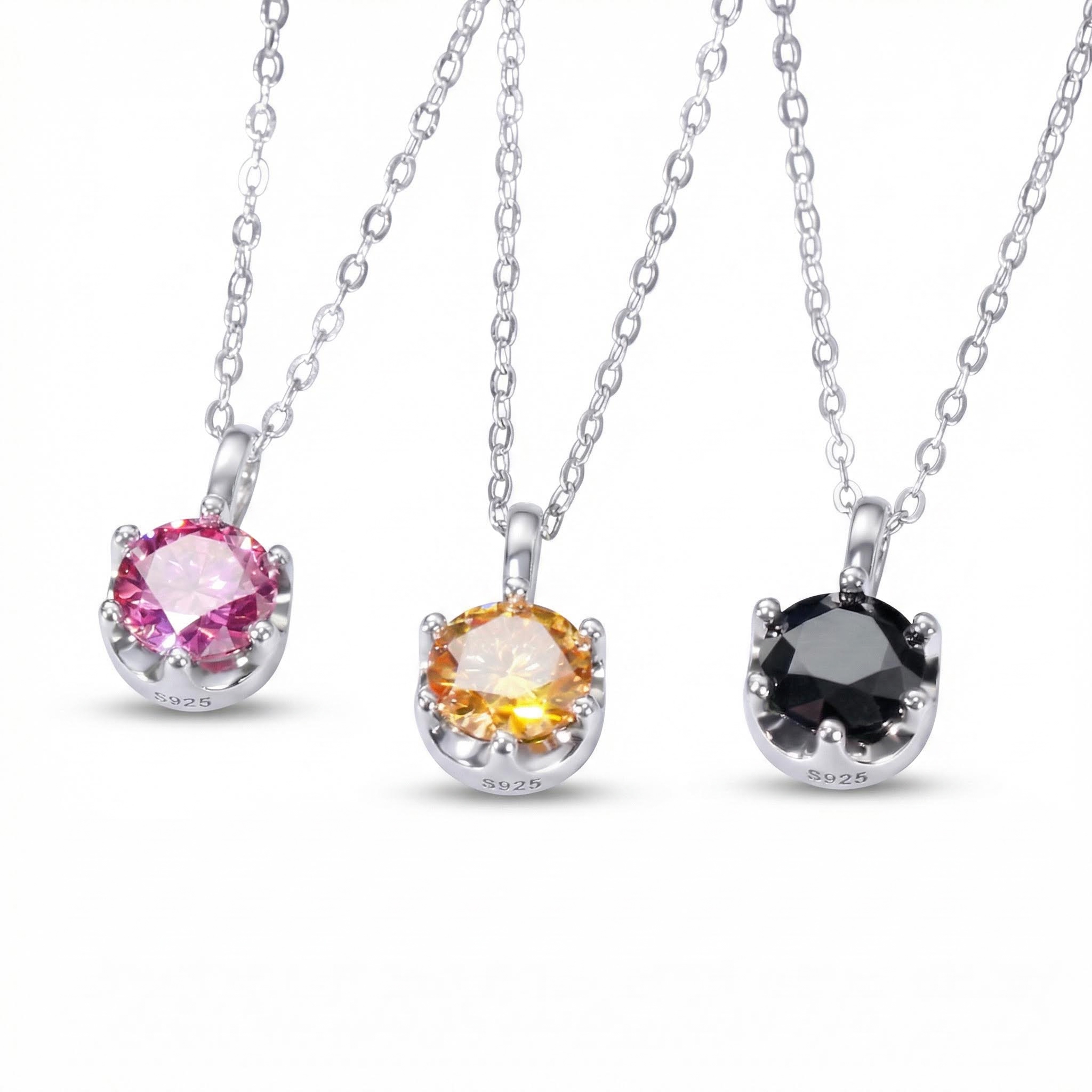 Moissanite Crown Black/Champagne/Dark Pink Brilliant Round Cut Necklace in S925 Silver