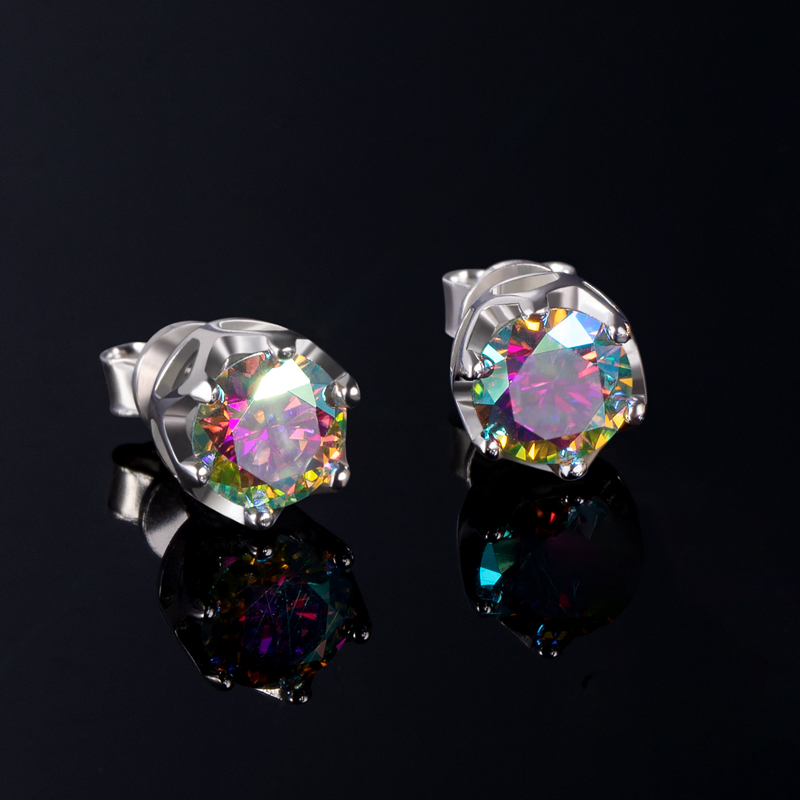1Ct Crown Moissanite Brilliant Round Cut Stud Earrings in S925 Silver-Pink/Blue/Yellow/Multicolor