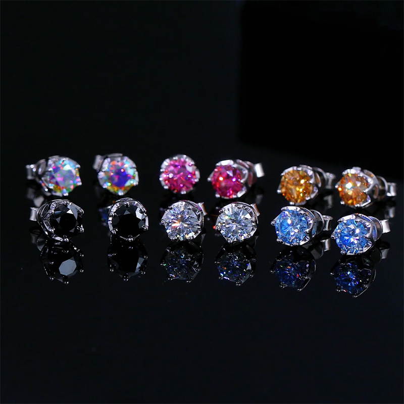 1Ct Crown Moissanite Brilliant Round Cut Stud Earrings in S925 Silver-Pink/Blue/Yellow/Multicolor