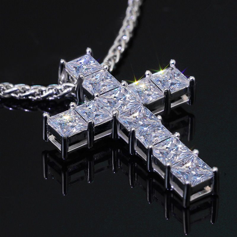  S925 Sterling Silver Princess Cut Moissanite Cross Pendant with Franco Chain Necklace