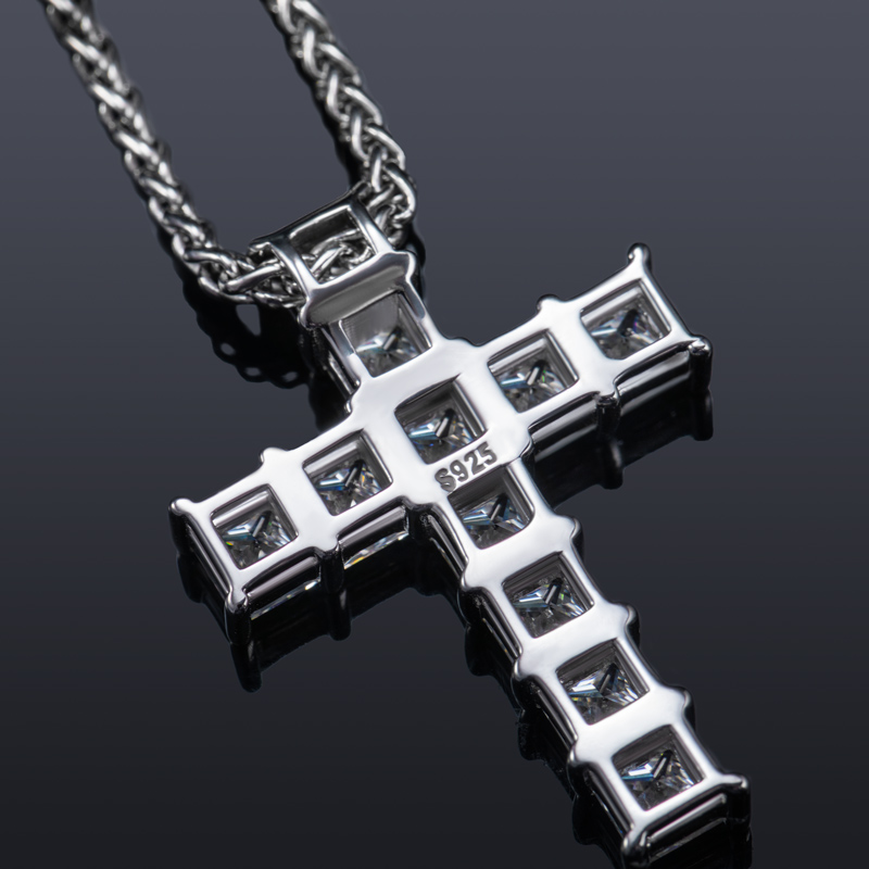  S925 Sterling Silver Princess Cut Moissanite Cross Pendant with Franco Chain Necklace