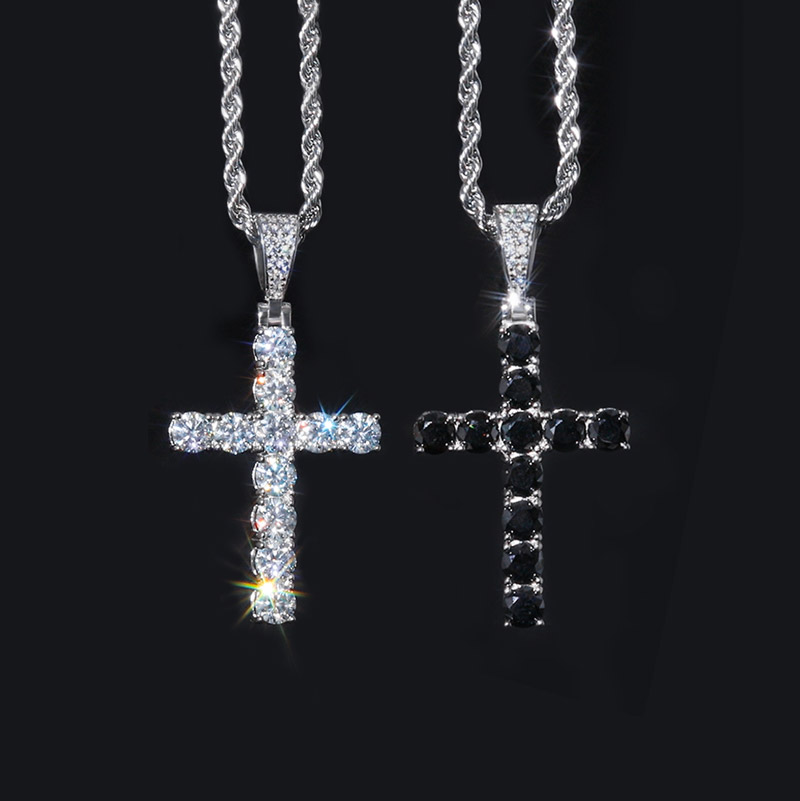  S925 Sterling Silver Moissanite Cross Pendant-White/Black