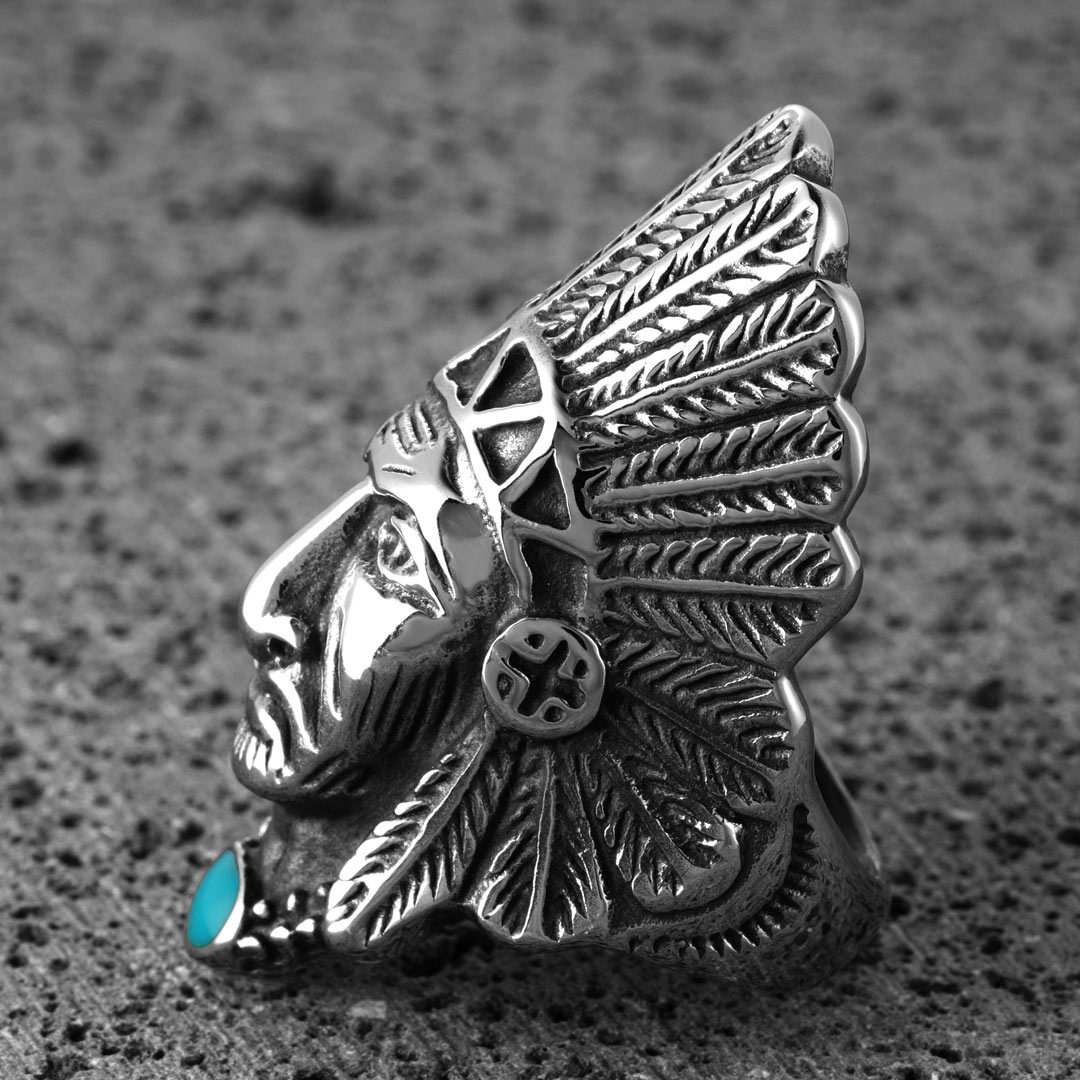 Native American Indian Chief Head Biker Stainless Steel Ring