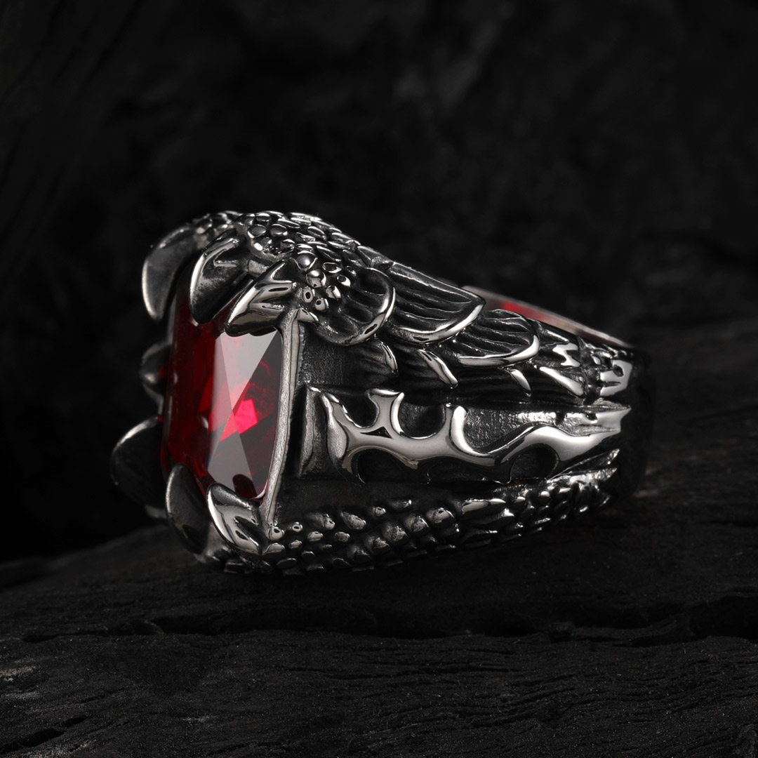 Cool Dragon Claw Stainless Steel Red CZ Ring