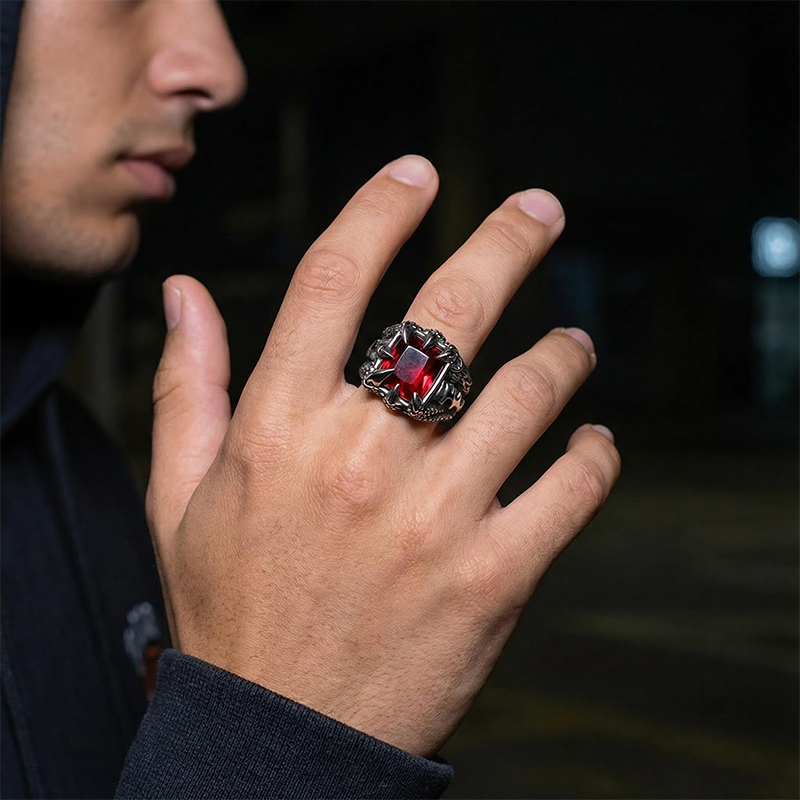 Cool Dragon Claw Stainless Steel Red CZ Ring