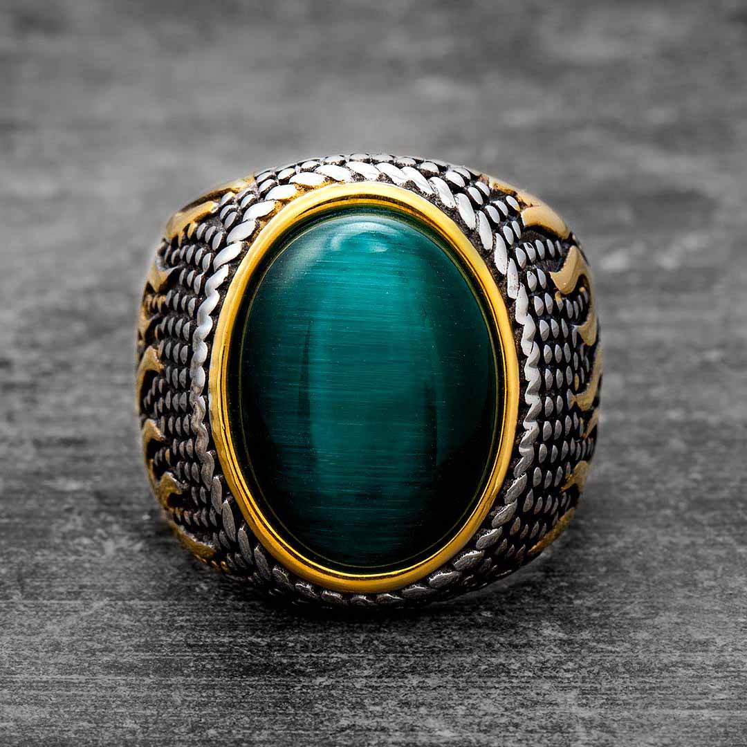 Vintage Green Agate Stainless Steel Ring