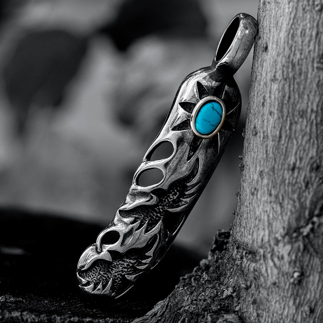 Feather with Turquoise Stainless Steel Pendant