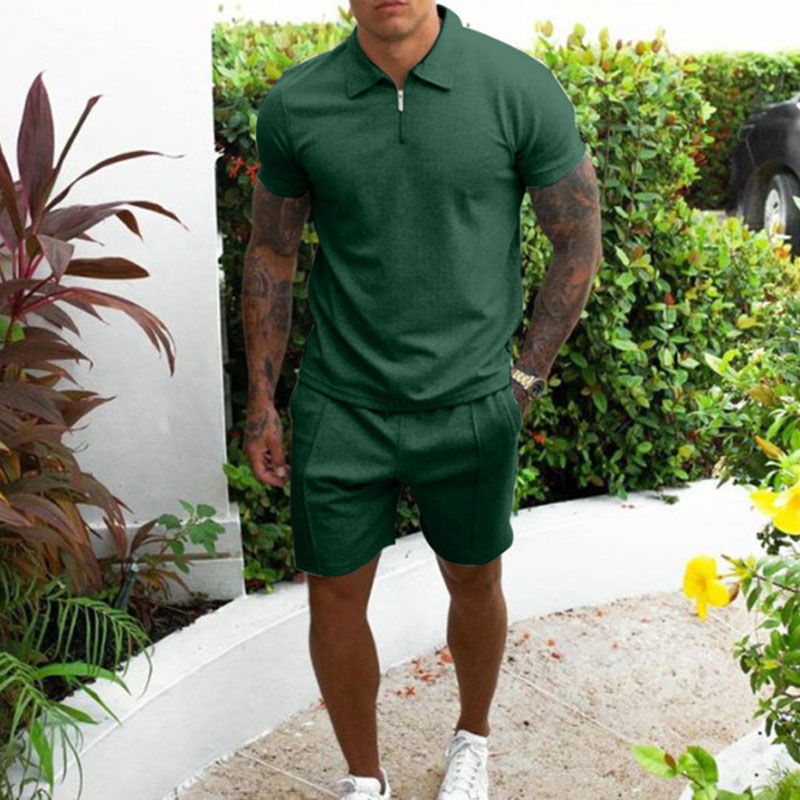 Men's Lapel Polo Shirt + Solid Color Shorts Sports Two-piece Suit