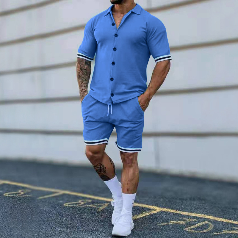 Summer Trend New Solid Color Lapel Button T-shirt + Casual Shorts Suit