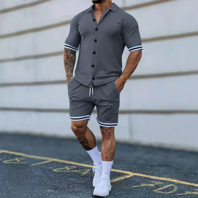 Summer Trend New Solid Color Lapel Button T-shirt + Casual Shorts Suit
