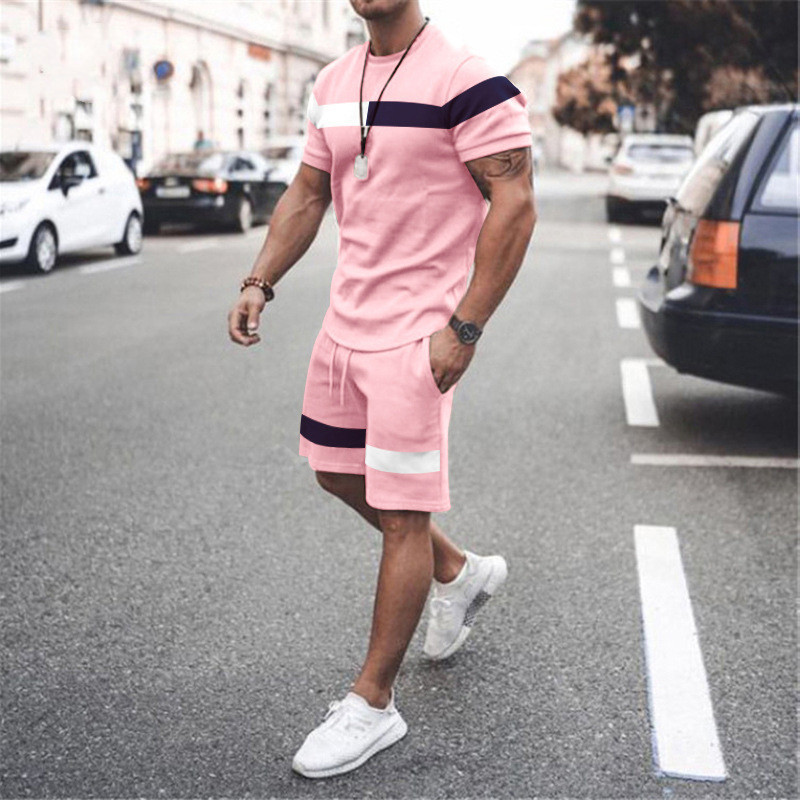 Short-sleeved Striped Round Neck T-shirt + Shorts Sports Two-piece Set