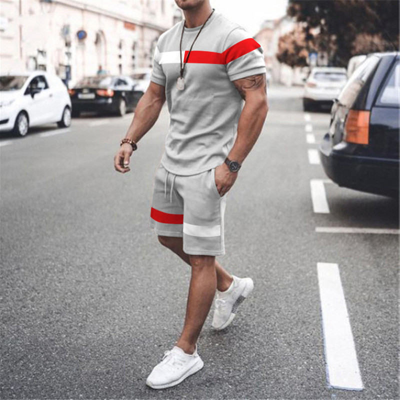 Short-sleeved Striped Round Neck T-shirt + Shorts Sports Two-piece Set