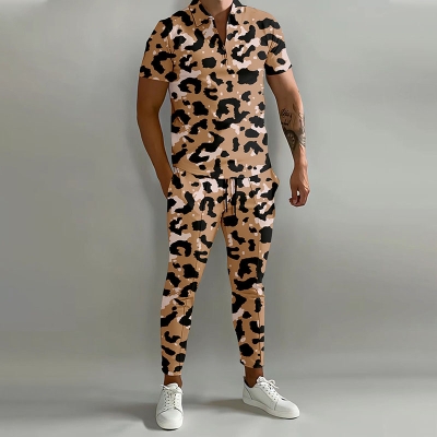 Printed Leopard Print Short-sleeved Polo+ Trousers Track Suit