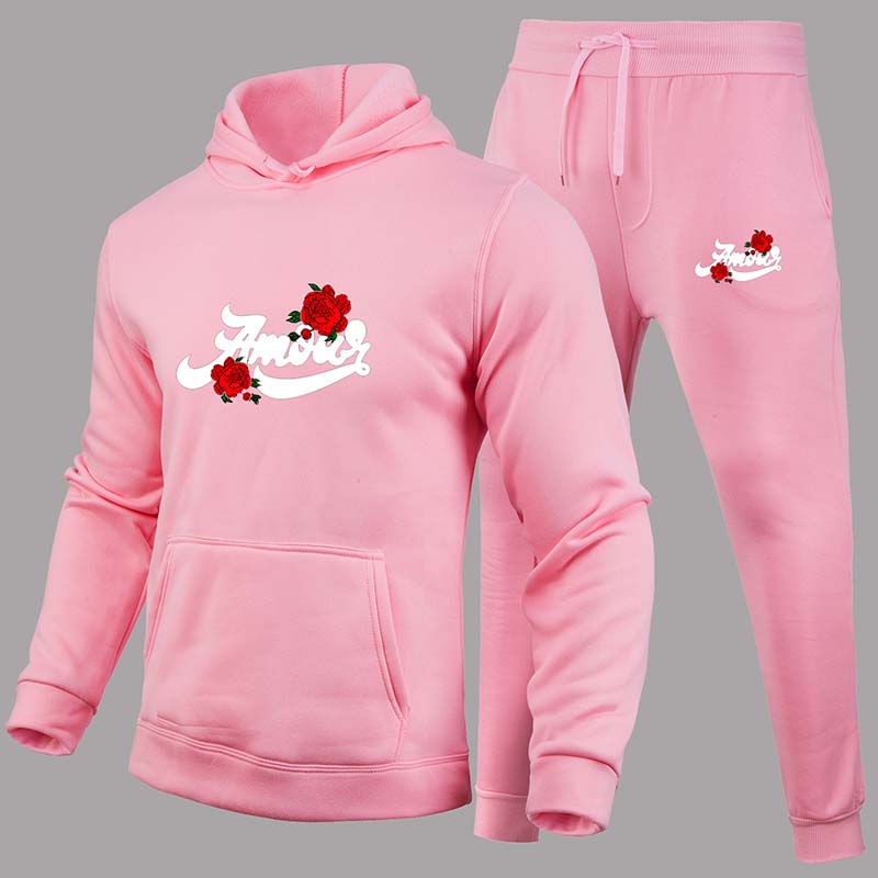Casual Pink Hoodie Couple Sports Two-piece Set