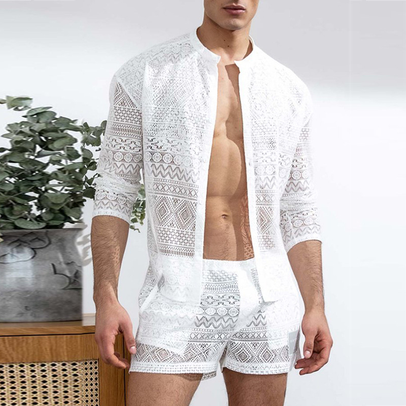 Solid Color Stand Collar Shirt+Lace Shorts