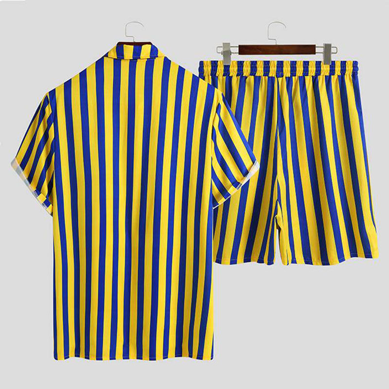 Striped Print Lapel Button Short-sleeved Shirt + Hawaiian Shorts