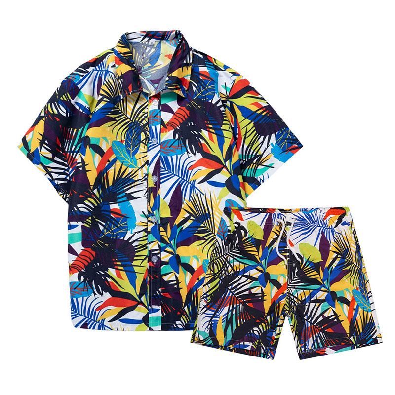 Men's Hawaiian Beach Print Shorts + Printed Shirt Two-Piece Set