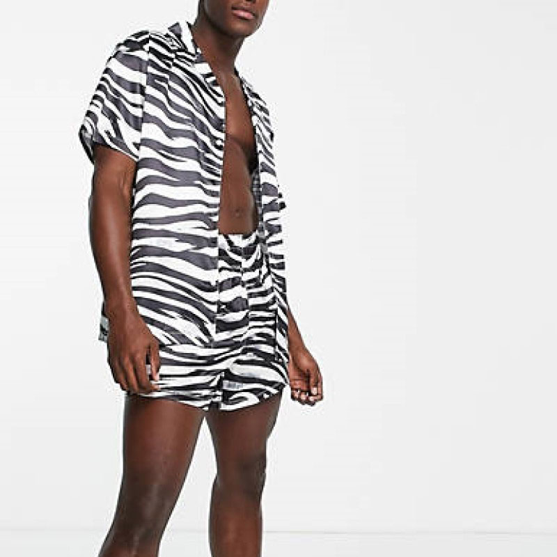 Casual Lapel Single-breasted Shirt + Striped Printed Shorts Two-Piece Set
