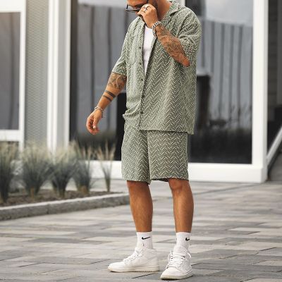 Men's Casual Short-sleeved Shirt + Printed Shorts Two-piece Set