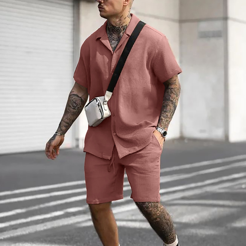 Casual Button Lapel Shirt + Solid Color Shorts Two-piece Set