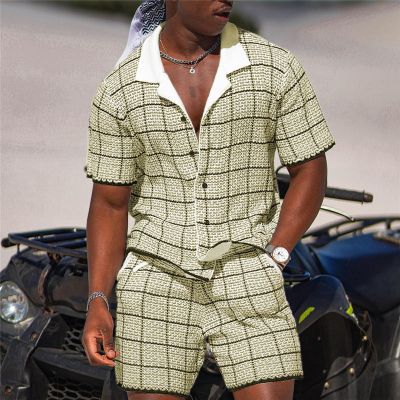 Men's Casual Short-sleeved Shirt + Plaid Print Casual Two-piece Suit