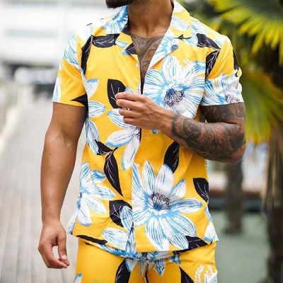 Men's Printed Hawaiian Floral Short-sleeved Shirt + Shorts Two-piece Set