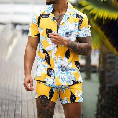 Men's Printed Hawaiian Floral Short-sleeved Shirt + Shorts Two-piece Set