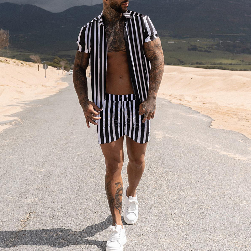 Striped Fashion Short-sleeved Shirt + Shorts Casual Two-piece Suit