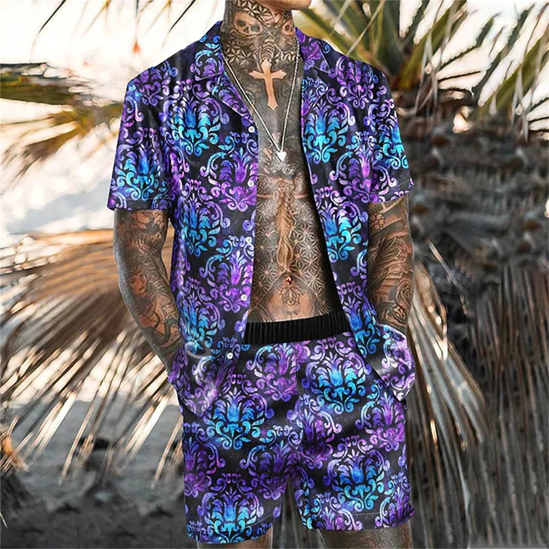 Printed Lapel Hawaiian Short-sleeved Shirt + Beach Style Shorts Set