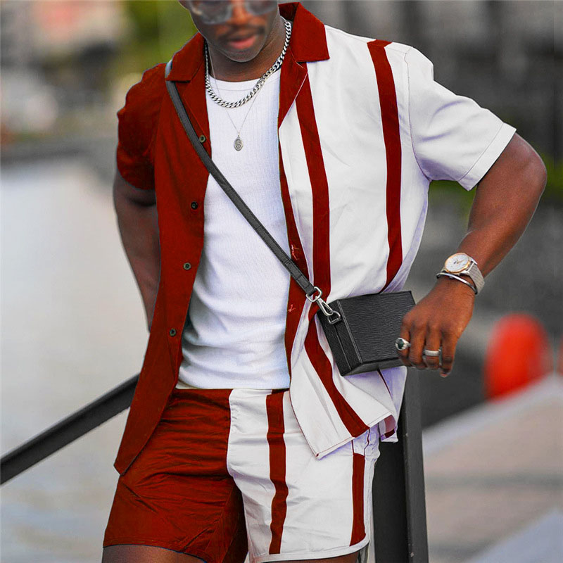 Men's Striped Print Shirt Shorts Set