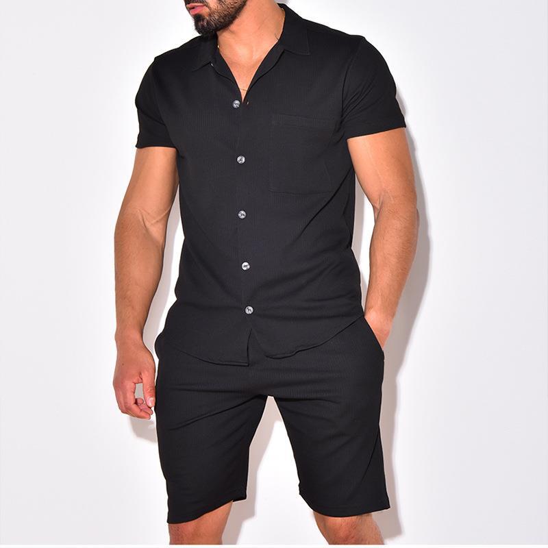 Casual Comfort Button Lapel Shirt Short Sleeve + Shorts Set