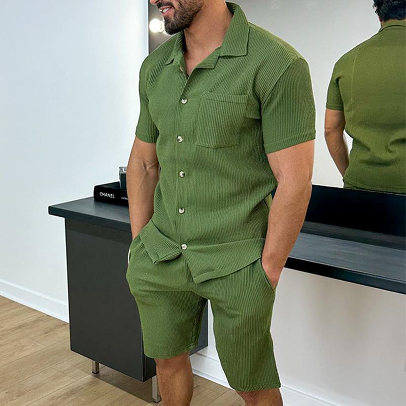 Casual Comfort Button Lapel Shirt Short Sleeve + Shorts Set