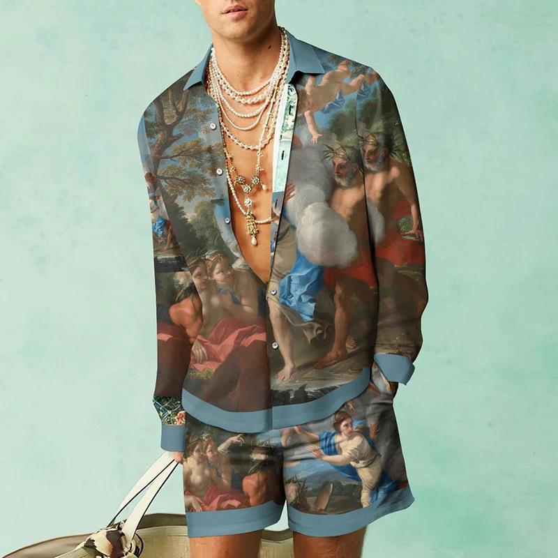 Art Oil Painting Printing Long-sleeved Shirt + Shorts Set