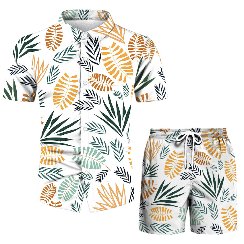 3D Beach Print Casual Short Sleeve Shirt Set