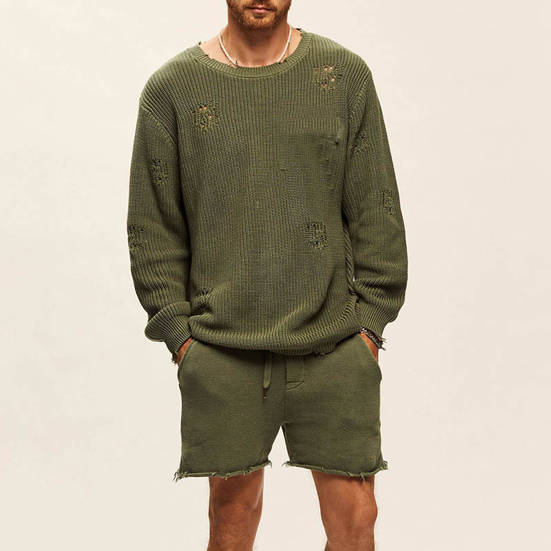 Ripped Knitted Sweater + Shorts Casual Set