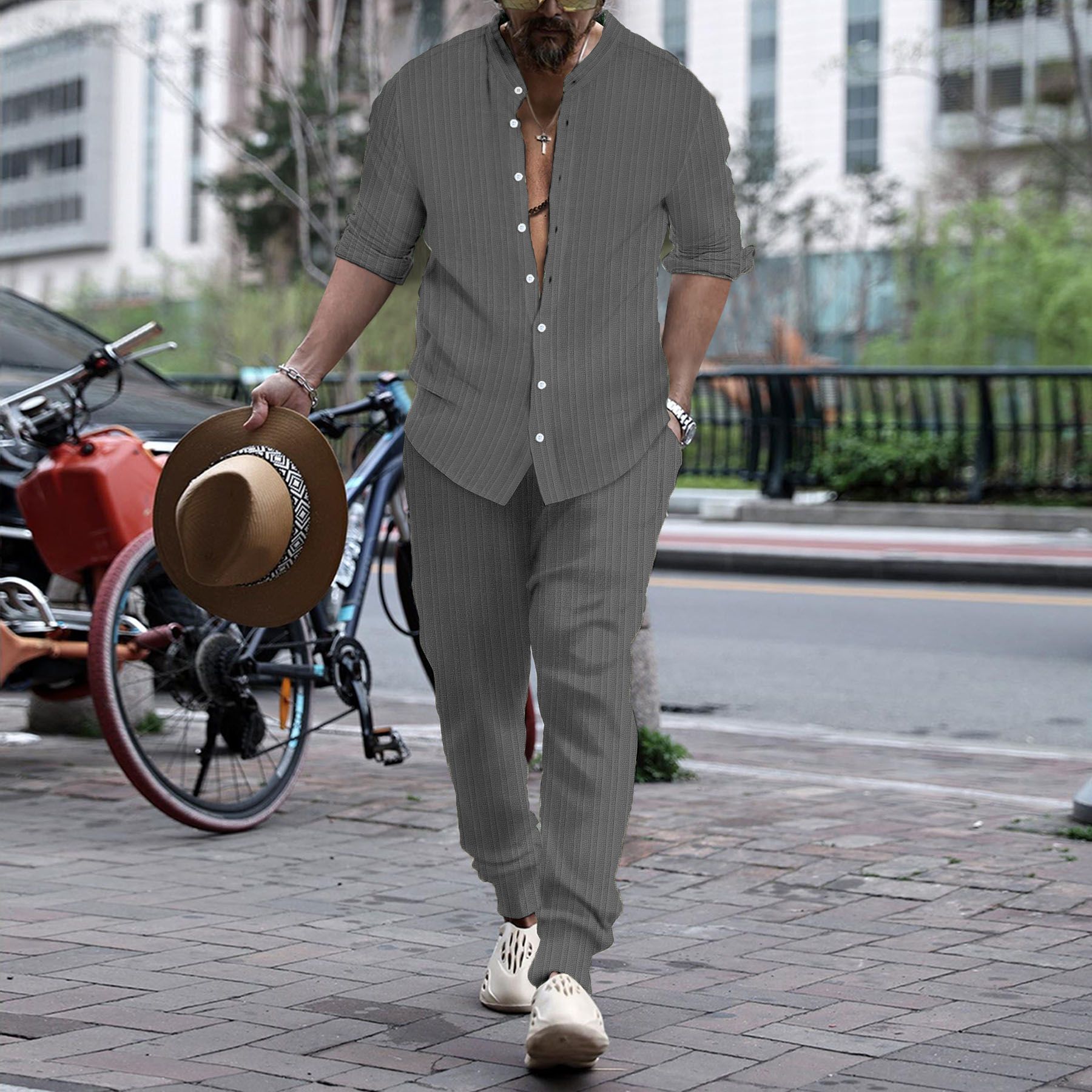 Striped Henley Collar Shirt Trouser Set Striped Henley Collar Shirt Trouser Set