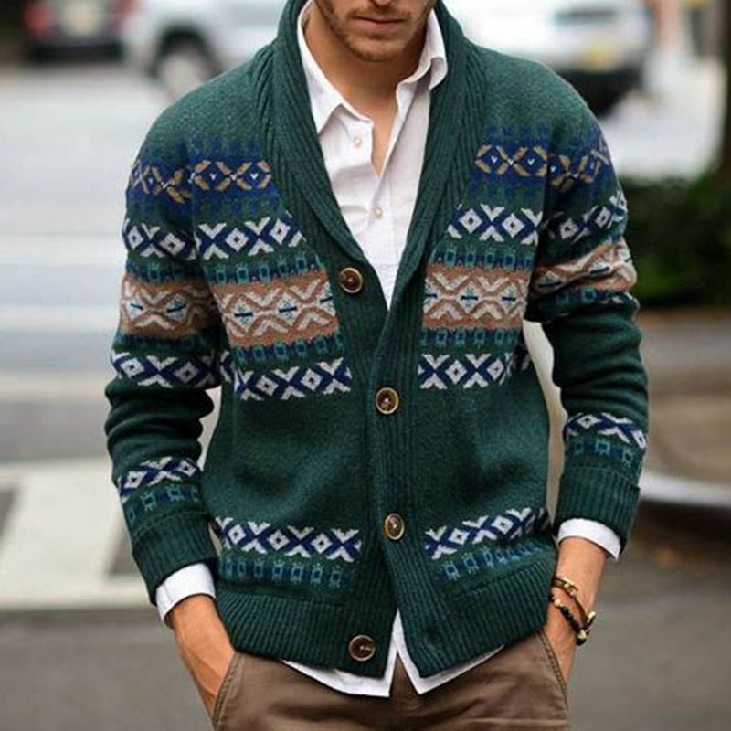 Men's Lapel  Jacquard Knitted Cardigan