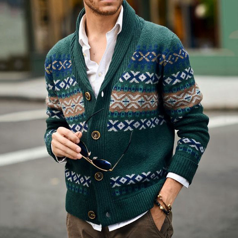 Men's Lapel  Jacquard Knitted Cardigan