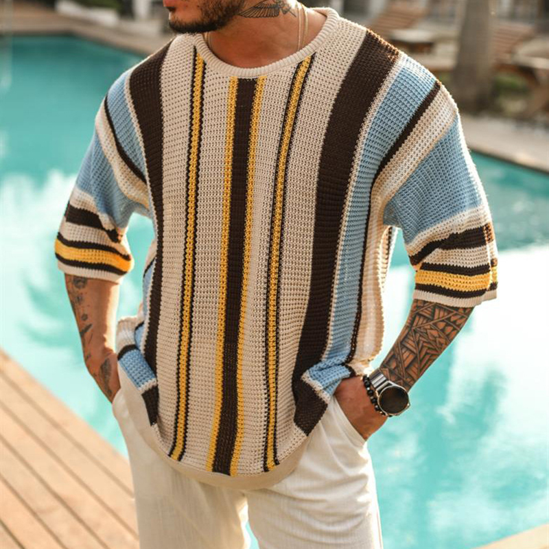 Men's Round Neck Half Sleeve Striped Knit Sweater