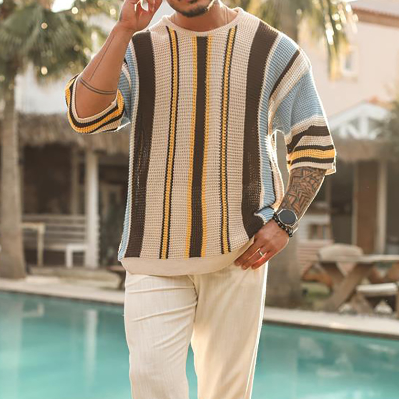 Men's Round Neck Half Sleeve Striped Knit Sweater